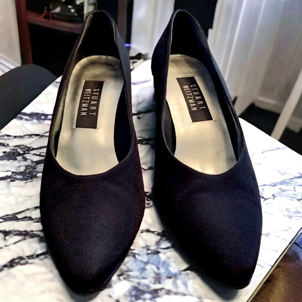 Stuart Weitzman Satin Glitter Block Heel Pumps, Black, Size 8 B